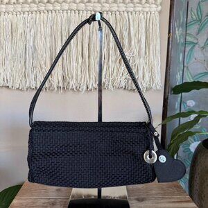 Vintage The Sak Black Woven Fabric Heart Mirror Charm East West Shoulder Bag